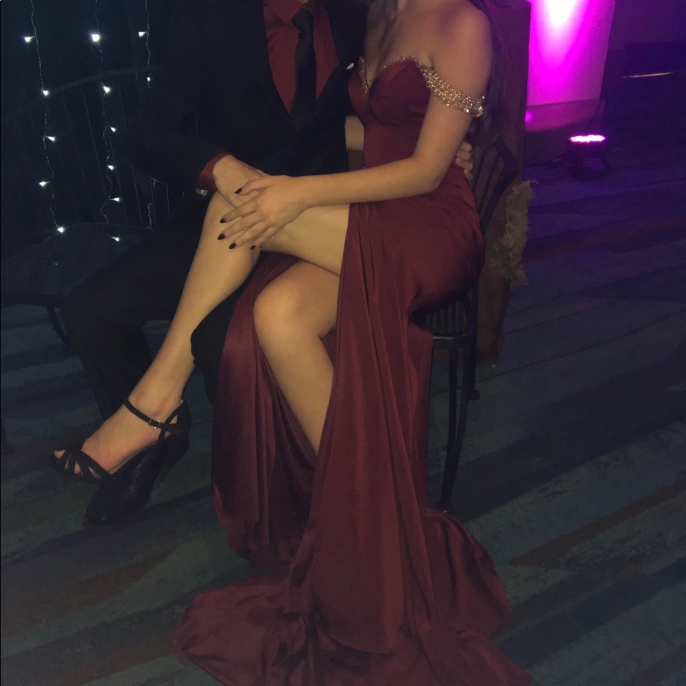Dark red off the shoulder prom dress